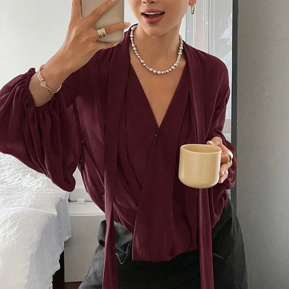 Burgundy Casual Women's Loose Fit Long Sleeve Tie Blouse